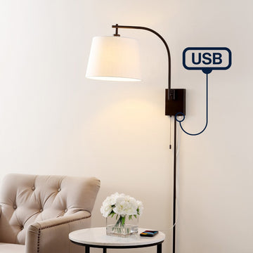 Gosling 22.5" Mid-Century Modern Plug-In or Hardwired Iron LED Gooseneck Swing Arm Wall Sconce with Pull-Chain and USB Charging Port - JONATHAN Y